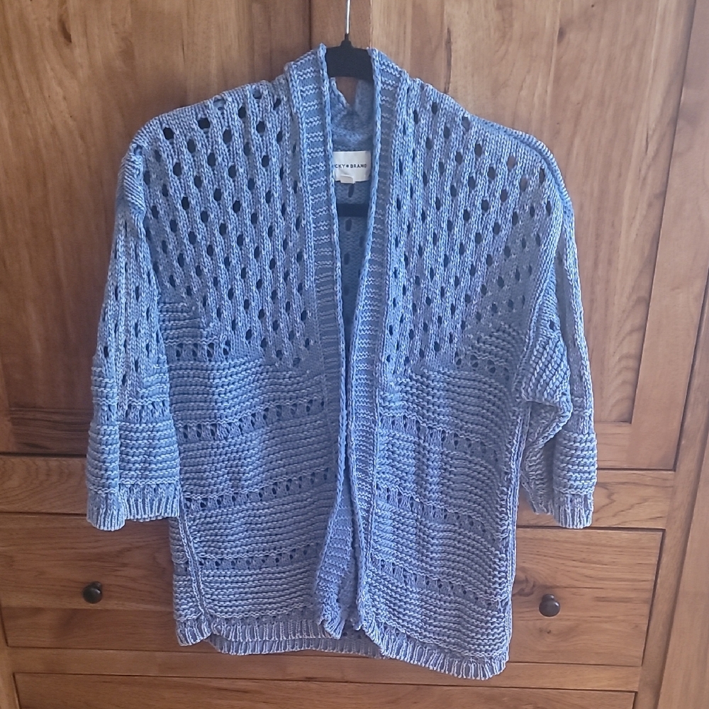 Lucky Brand Periwinkle Cotton Open-Knit Cardigan